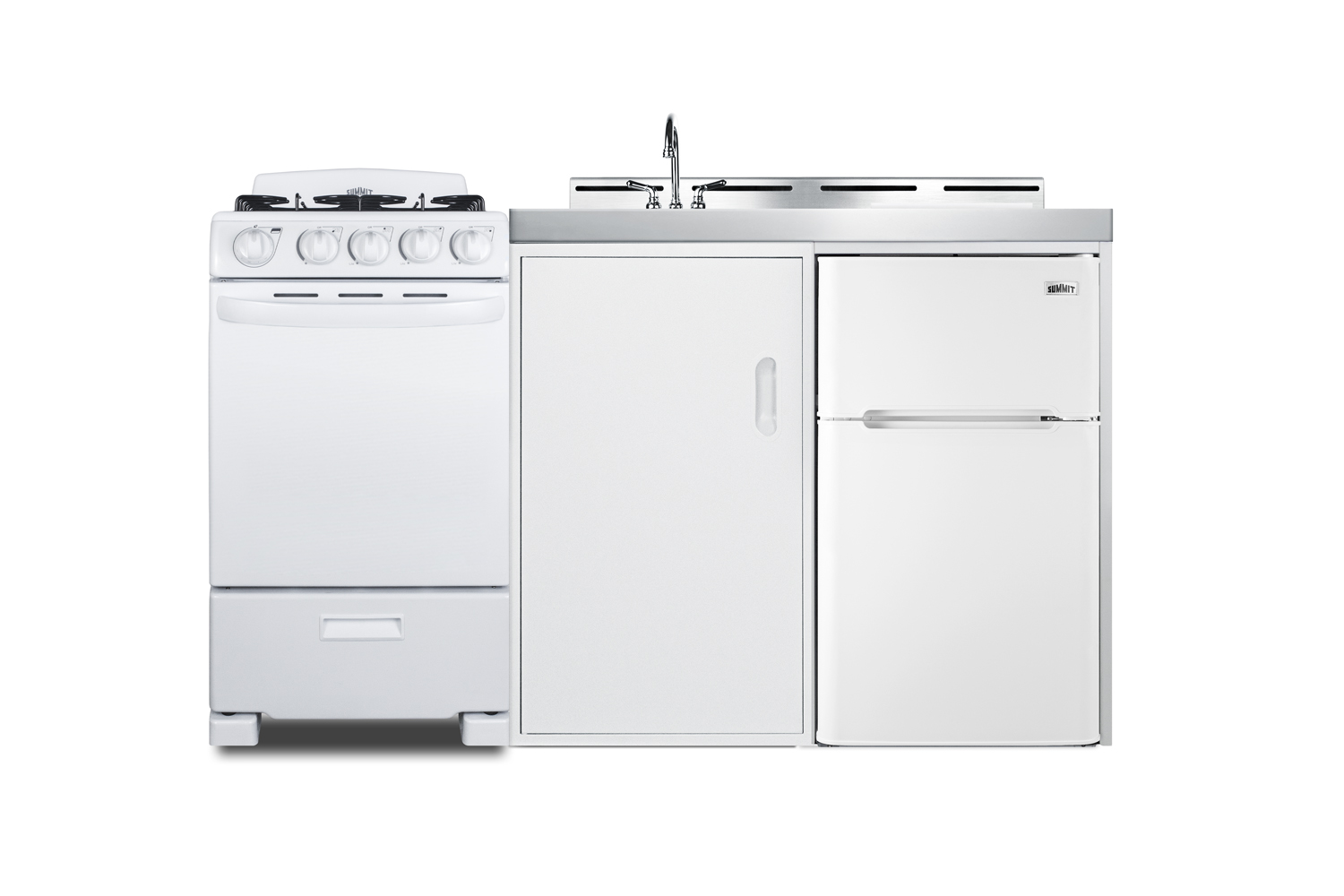 60 inch wide all-in-one kitchenette with 115V 4-burner gas range, refrigerator-freezer, sink, cutting board and cutlery storage, and a storage cabinet